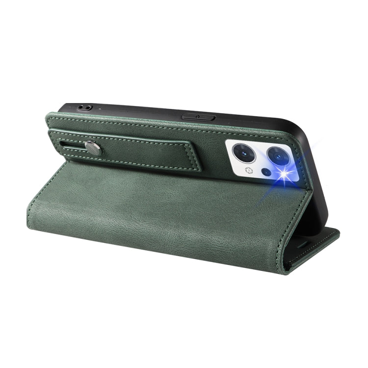 Green magnetic leather folio phone case with wrist strap and flip cover for device