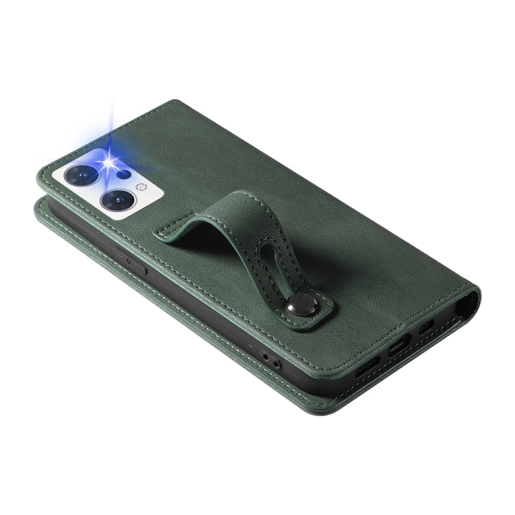 Dark green magnetic leather phone case with wrist strap and side access openings