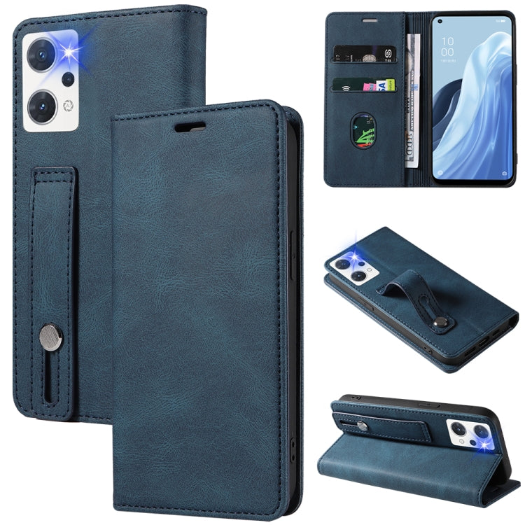 Dark blue magnetic leather phone case with wrist strap and folio flip cover