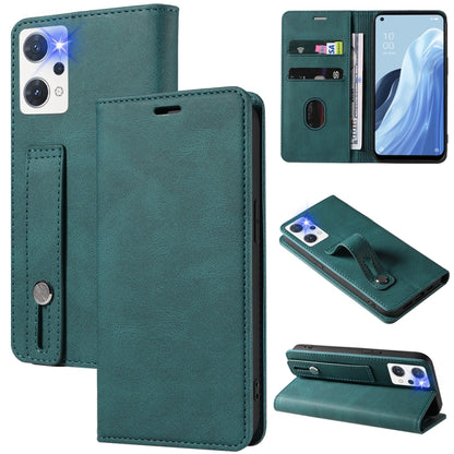 Teal green magnetic leather phone case with wrist strap and folio cover