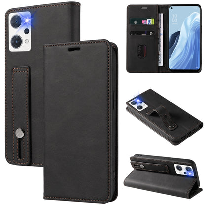 Black magnetic leather phone case with wrist strap and stitched folio cover