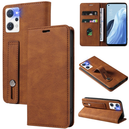 Brown leather wallet phone case with magnetic flap and wrist strap; card slots visible