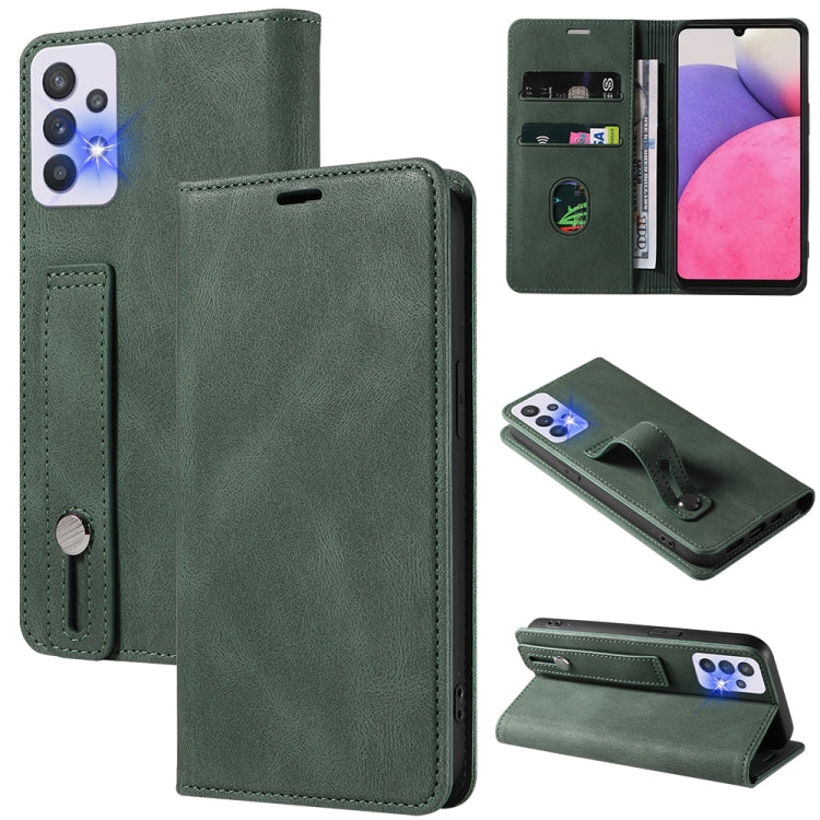Green leather wallet phone case with magnetic flap, wrist strap, and visible card slots