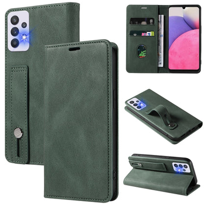 Green leather wallet phone case with magnetic flap, wrist strap, and visible card slots