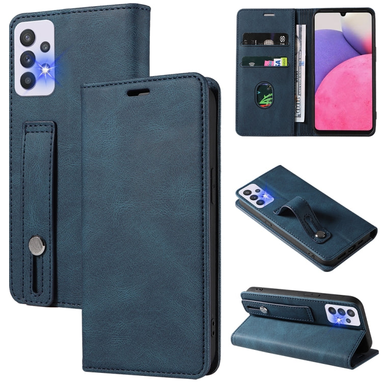 Dark blue leather wallet phone case with magnetic flap, wrist strap, and card slots