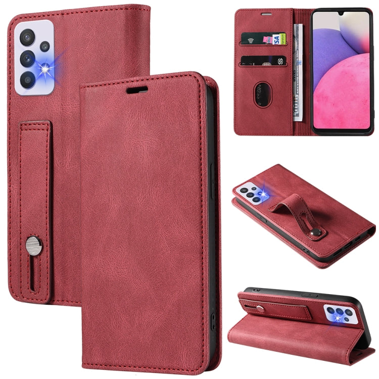 Red leather wallet phone case with magnetic flap, wrist strap, and card slots