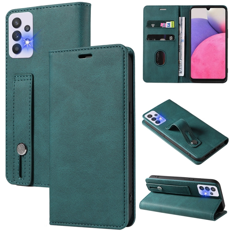 Teal green leather wallet phone case with magnetic flap and wrist strap; card slots