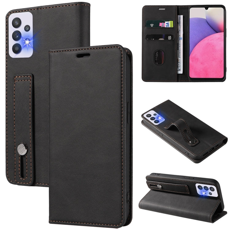 Black leather wallet phone case with magnetic flap, wrist strap, and card slots