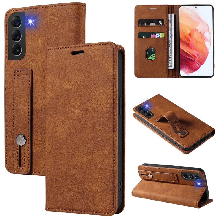 Brown leather magnetic phone wallet case with card slots and stand