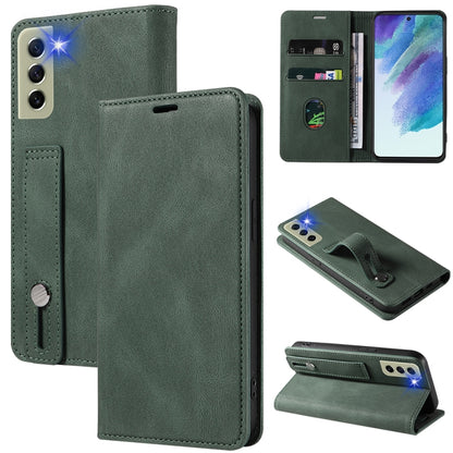 Green leather magnetic folio phone case with card slots and kickstand