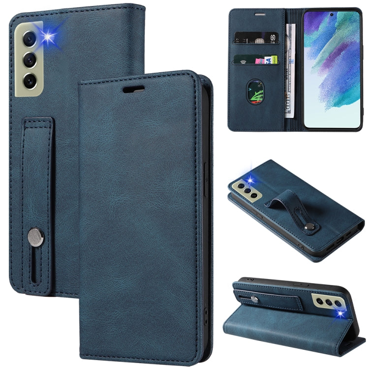 Blue-green leather magnetic phone wallet case with card slots and stand