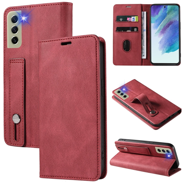 Red leather magnetic phone wallet case with card slots and stand