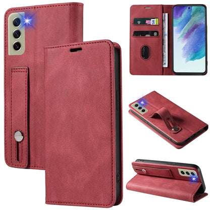 Red leather magnetic phone wallet case with card slots and stand