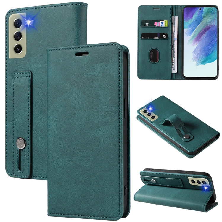 Teal green leather magnetic phone wallet case with card slots and stand
