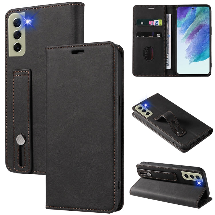 Black leather magnetic phone wallet case with card slots and stand