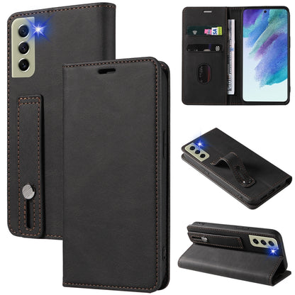 Black leather magnetic phone wallet case with card slots and stand