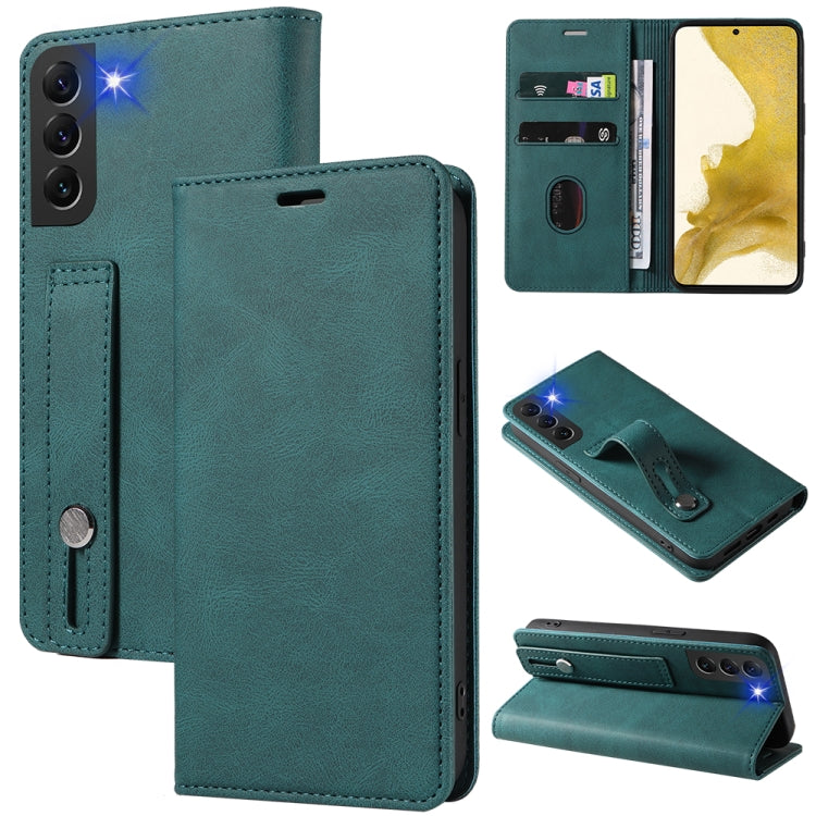 Magnetic leather phone wallet case with flip cover, card slots, and stand; teal blue.
