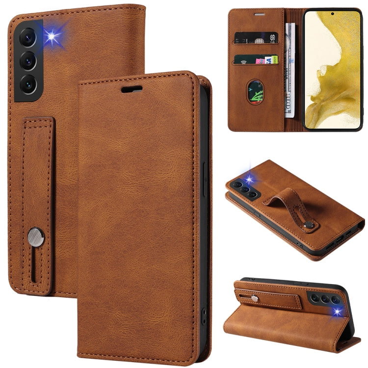 Magnetic leather phone wallet case with flip cover, card slots, and stand; brown.