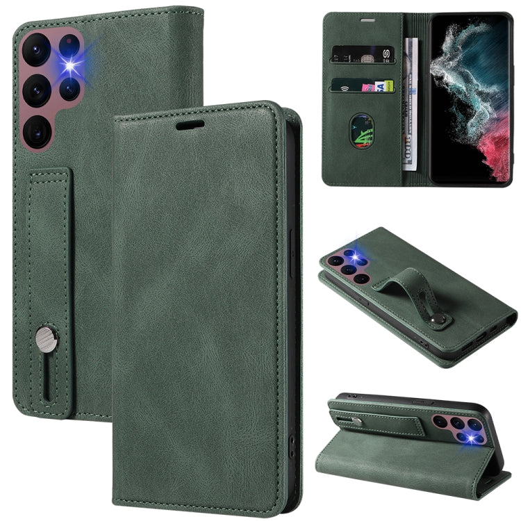 Magnetic leather phone wallet case with flip cover, card slots, and stand; dark green.