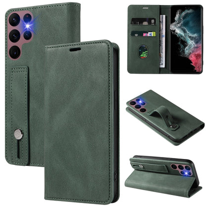Magnetic leather phone wallet case with flip cover, card slots, and stand; dark green.