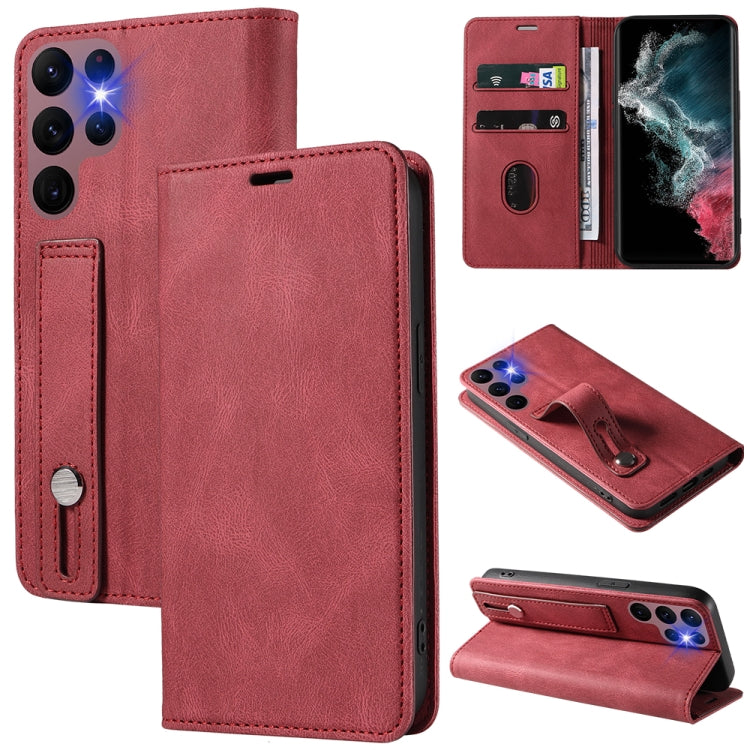 Magnetic leather phone wallet case with flip cover, card slots, and stand; red.