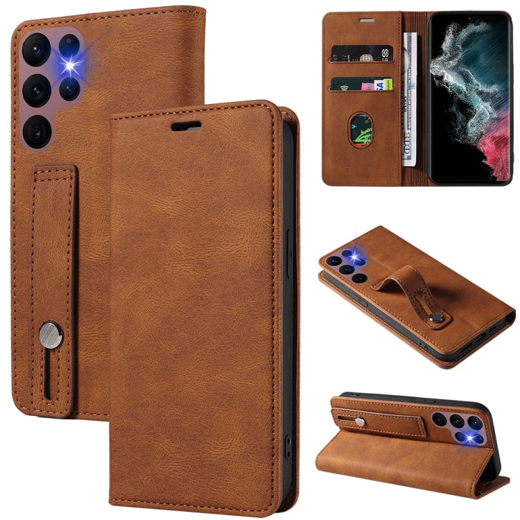 Magnetic leather wallet phone case with wrist strap, tan flip cover and card slots