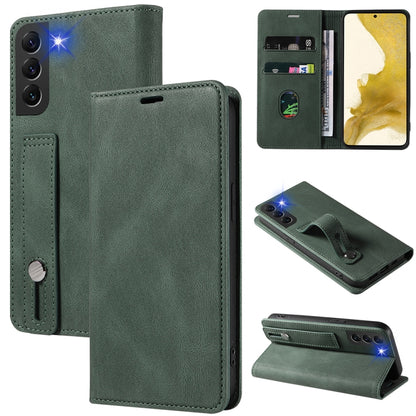 Magnetic leather wallet phone case with wrist strap, dark green flip cover and card slots