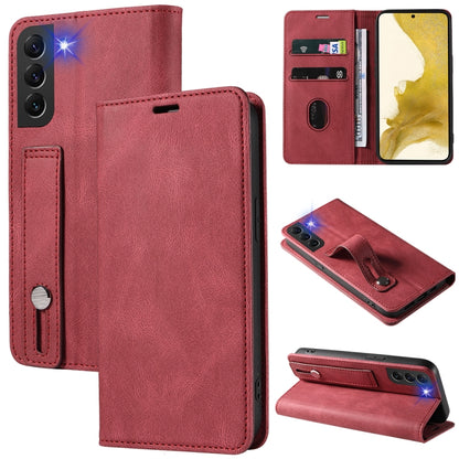 Magnetic leather wallet phone case with wrist strap, red flip cover and card slots