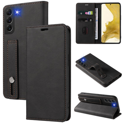 Magnetic leather phone case with wrist strap, dark flip wallet with card slots