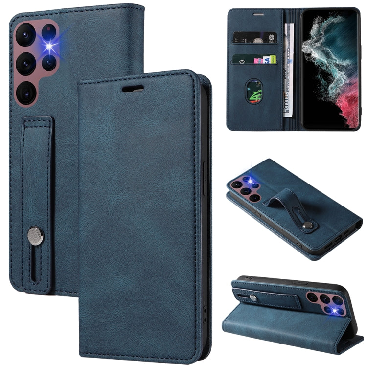Magnetic leather phone case with wrist strap, navy blue flip wallet and card slots
