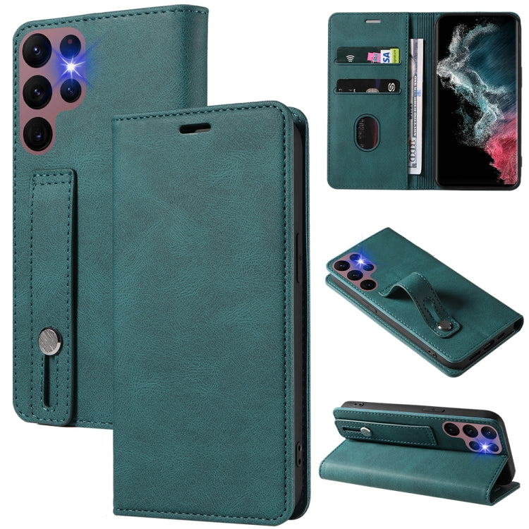 Magnetic leather phone case with wrist strap, teal-green flip wallet and card slots