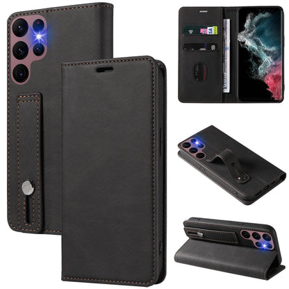 Magnetic leather phone case with wrist strap, black flip wallet with card slots