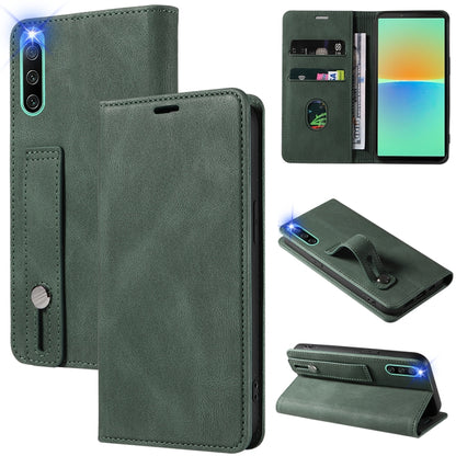 Magnetic leather phone case with wrist strap, light green flip wallet and card slots