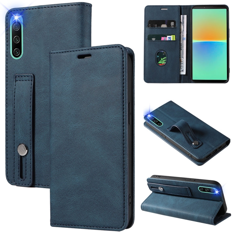 Magnetic leather phone wallet case, dark blue with card slots and flip cover
