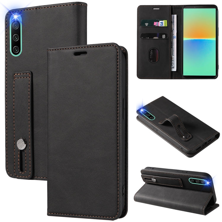 Magnetic leather phone wallet case, black with card slots and flip cover
