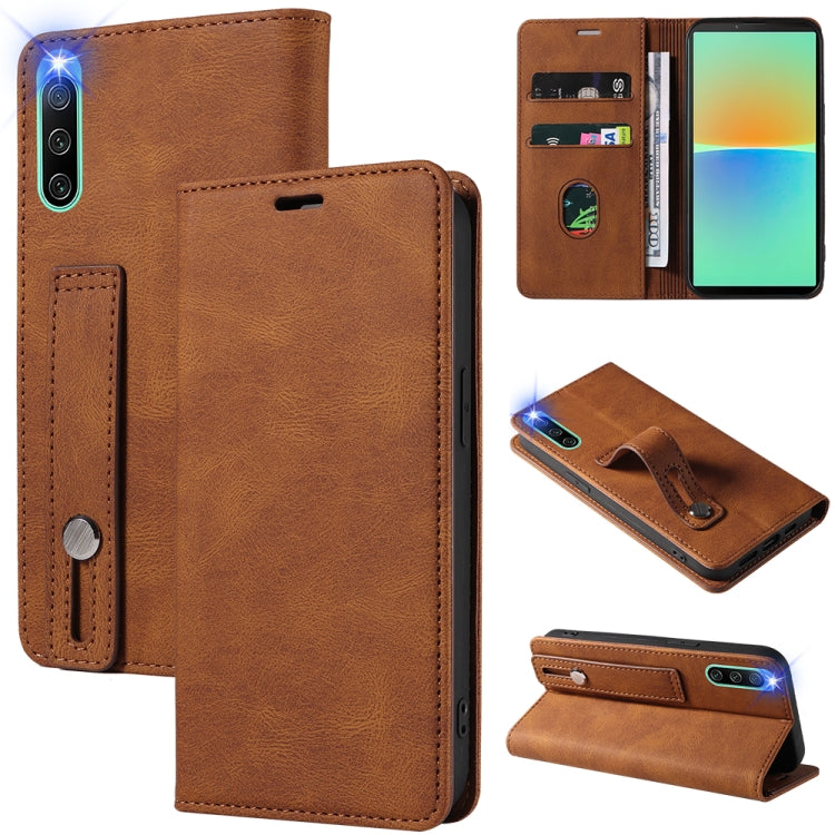 Magnetic leather phone wallet case, brown with card slots and flip cover