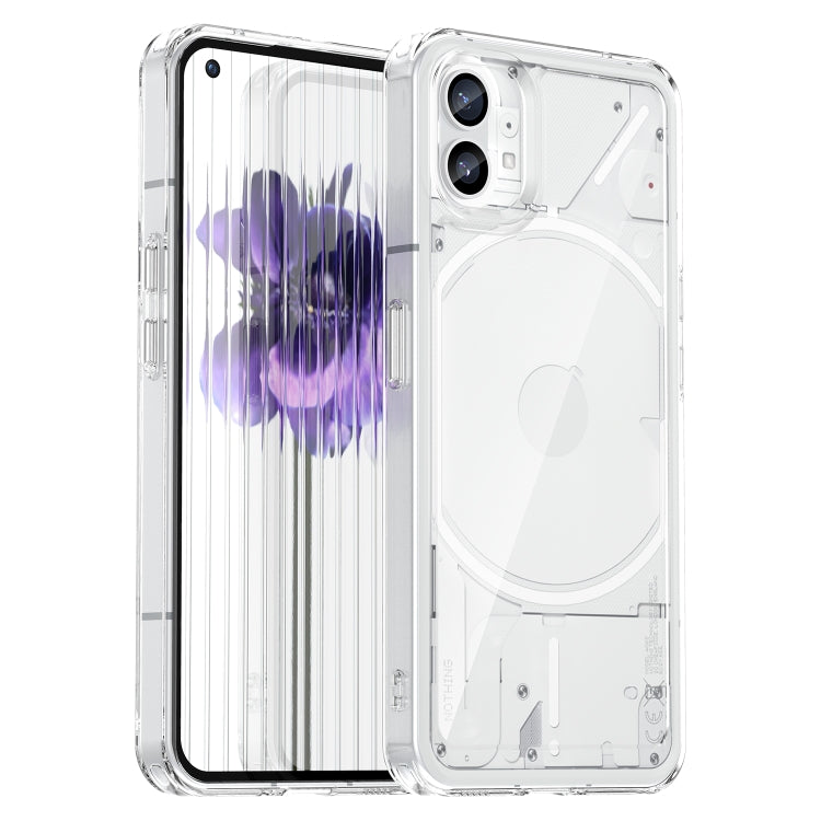 Transparent TPU phone case with purple abstract print, with cutouts for cameras and ports