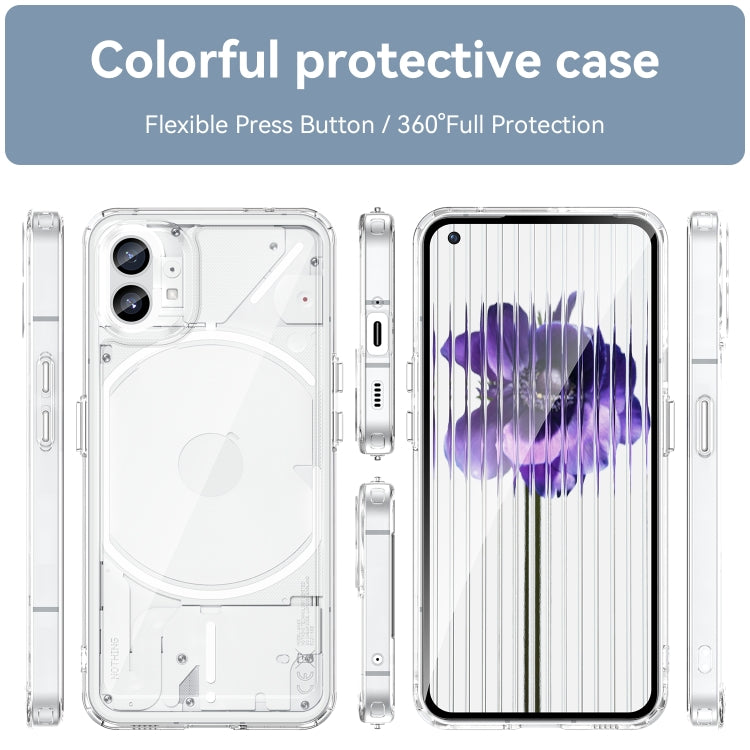 Clear TPU phone case with purple abstract print; front and back views with camera cutouts
