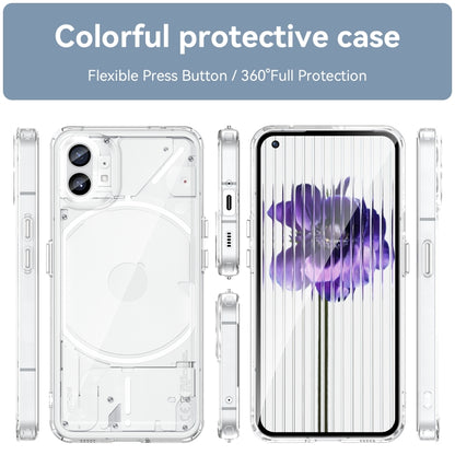 Clear TPU phone case with purple abstract print; front and back views with camera cutouts