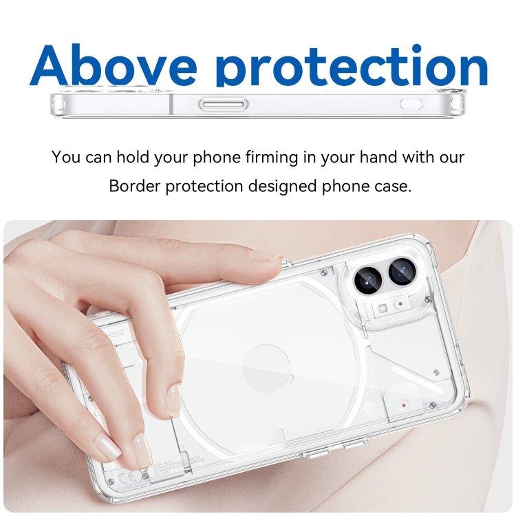 Clear TPU phone case with protective border and camera cutouts, shown in hand
