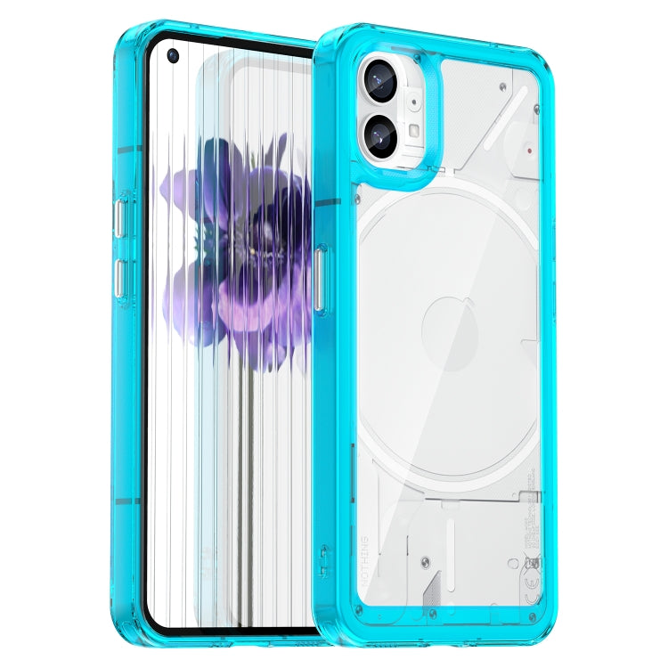 Transparent blue TPU phone case with purple abstract print; camera cutouts and ports