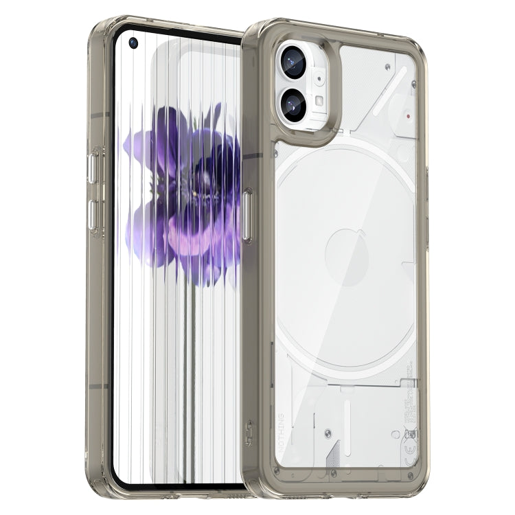 Transparent black TPU phone case with purple abstract print; camera and port cutouts