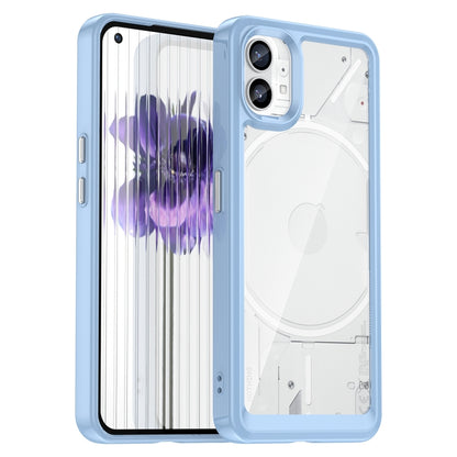 Transparent light blue TPU phone case with purple abstract print; camera cutouts and ports