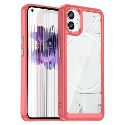 Transparent red TPU phone case with purple abstract print; camera cutouts and port openings