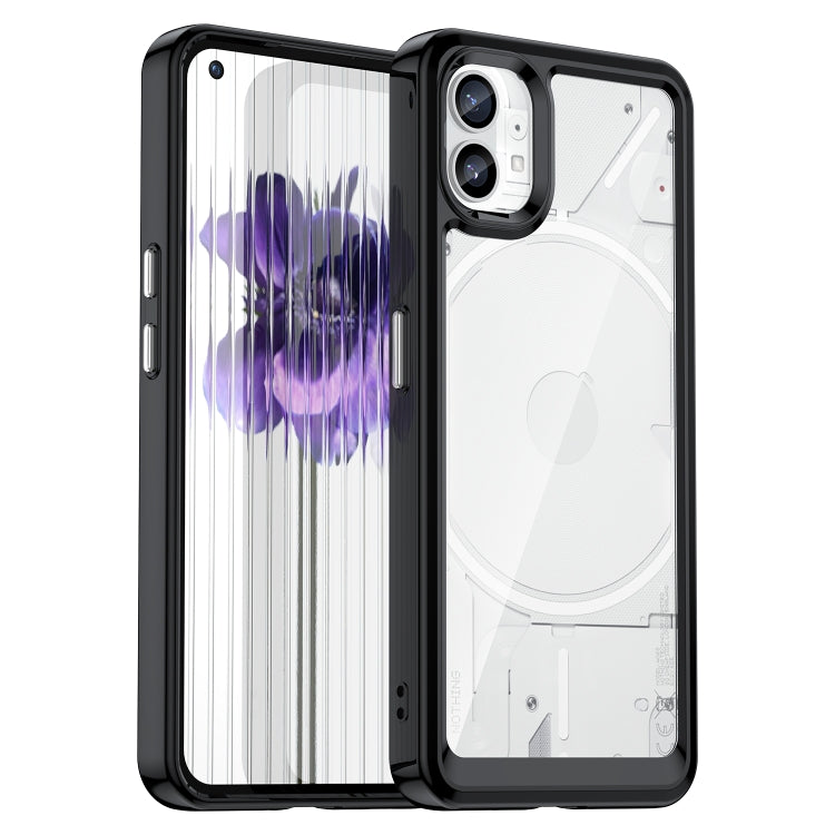 Transparent phone case with blue abstract pattern and black protective edges