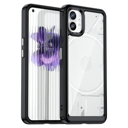 Transparent phone case with blue abstract pattern and black protective edges
