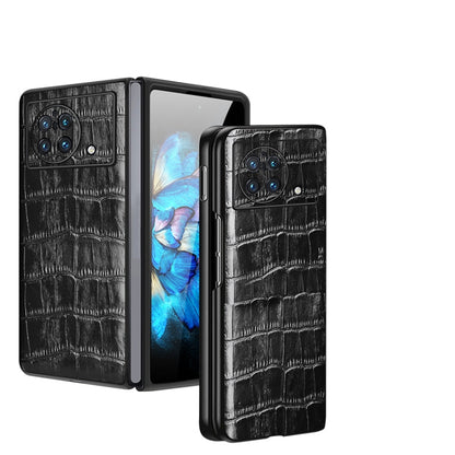 Black crocodile-texture leather phone case shown open with screen window