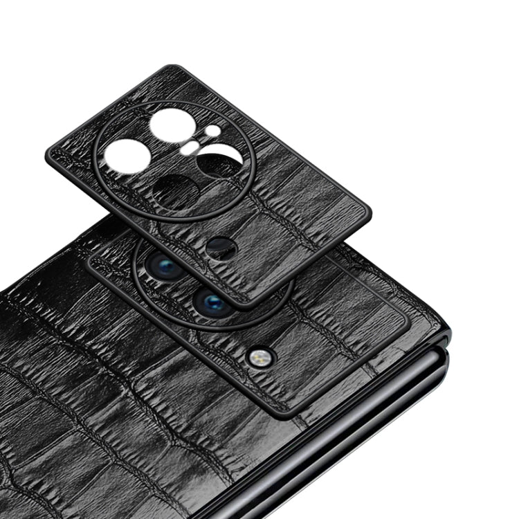 Black crocodile-texture leather phone case close-up of camera area and edge stitching
