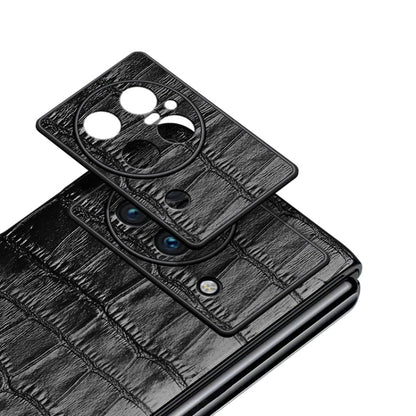 Black crocodile-texture leather phone case close-up of camera area and edge stitching