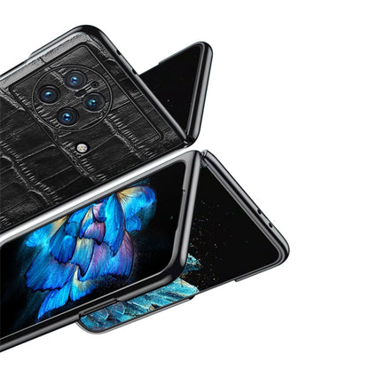 Black crocodile-texture leather phone case partially opened around the phone screens